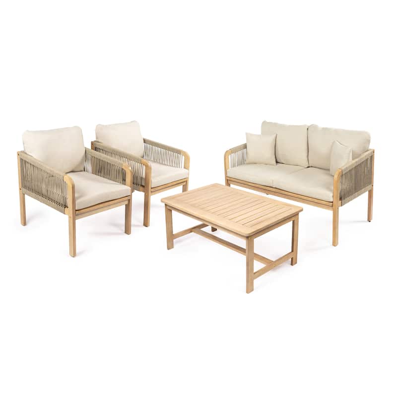 Aveiro 4-Piece Modern Bohemian Acacia Wood Outdoor Patio Set with Cushions and Plain Decorative Pillows, by JONATHAN Y - Beige