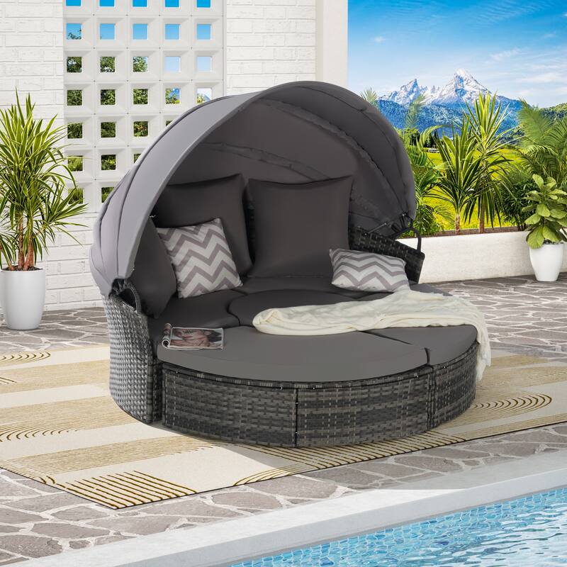5 Pieces Outdoor Patio Round Daybed Furniture, Wicker Conversation Set with Retractable Canopy, Soft Cushions - Dark Gray
