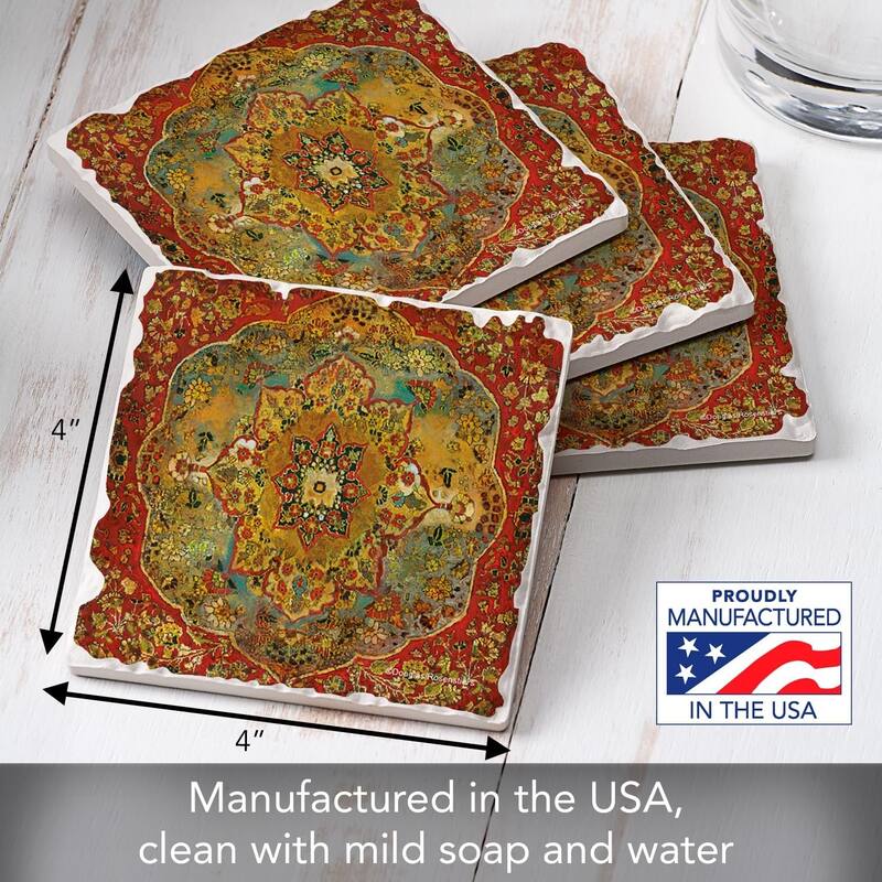 Grand Bazaar 4-Pack Stone Coasters with Protective Cork Backing 4" Square Made in The USA Artistic Absorbent Easily Wipes Clean