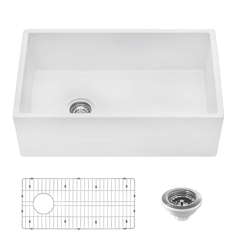 Ruvati 30-inch Fireclay Farmhouse Offset Drain Kitchen Sink Single Bowl White - Left Drain -