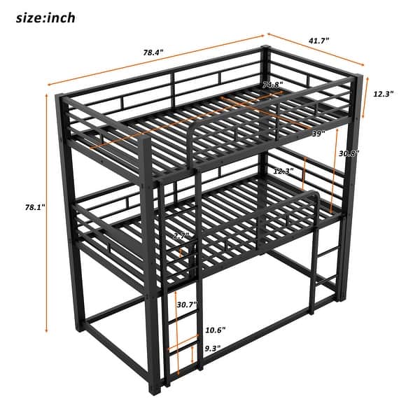 dimension image slide 1 of 2, Metal Twin Size Triple Bunk Kids Bed with Two Ladders and Guardrails,Metal Frame Space-saving Design