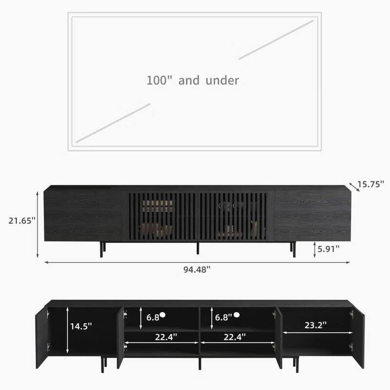 Stylish mid-century modern TV stand for up to 80" TVs. Ample storage for media devices, cable management. easy assembly.