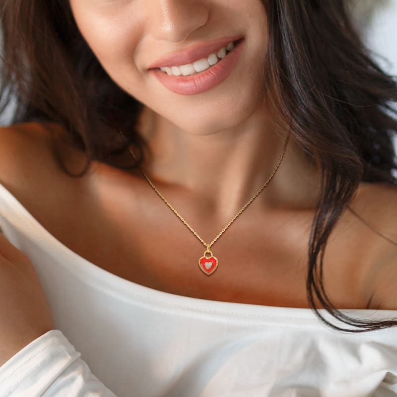 Miadora Red Enamel Plated Heart with Diamond Accent Pendant with Chain in Yellow Silver-17in
