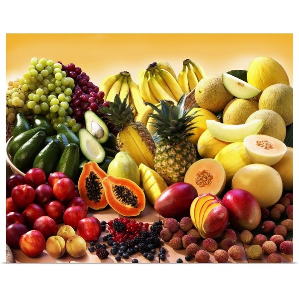 "Display of exotic fruit with stone fruits and avocados" Poster Print