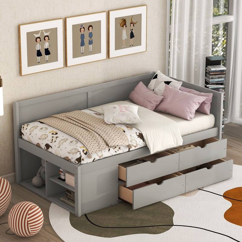 Storage Bunk Bed with Trundle, Full/Twin Size Bed Frame with 3 Drawers and Shelves - Grey - Twin