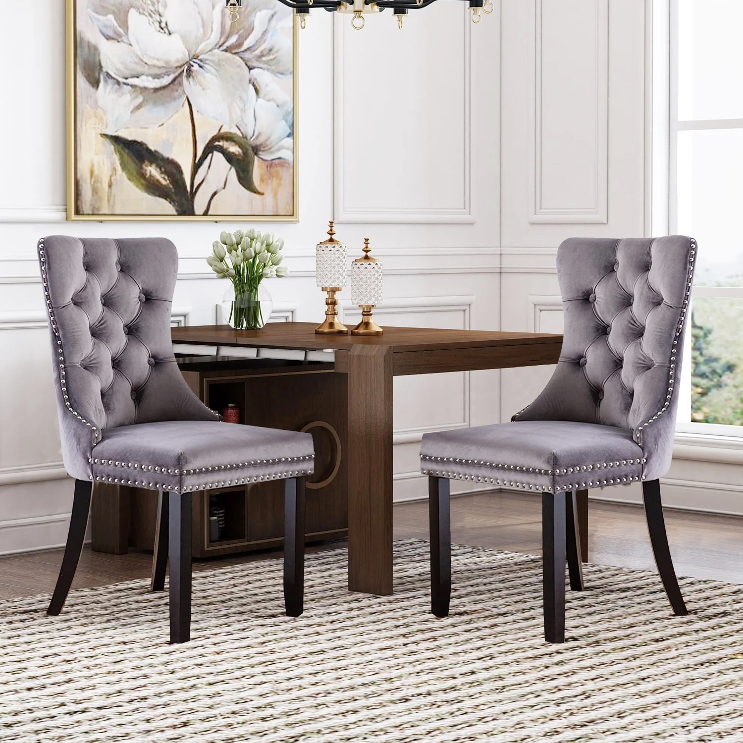 Grey tufted dining chairs with nailheads sales
