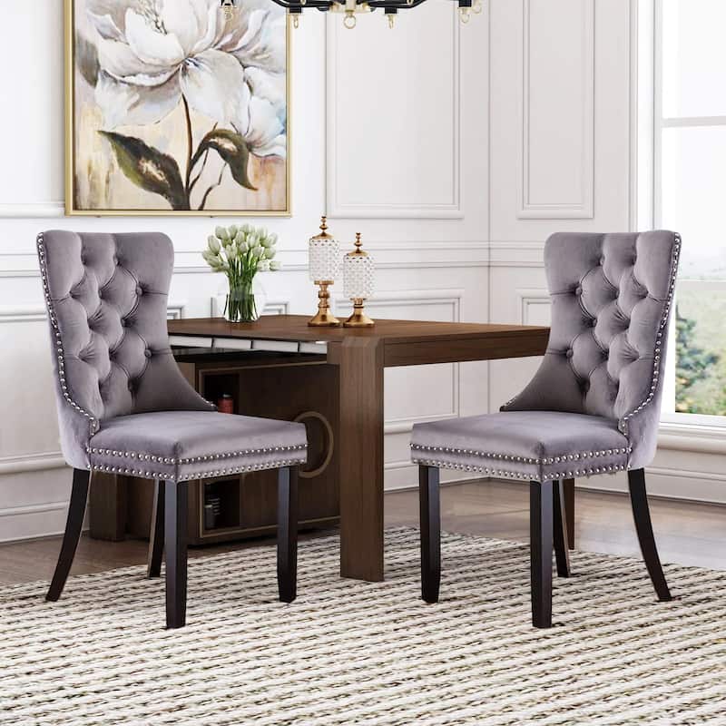 Set of 2 Modern Velvet Dining Chairs – Upholstered Side Chairs with Nailhead Trim and Solid Wood Legs for Kitchen & Dining Room - Grey