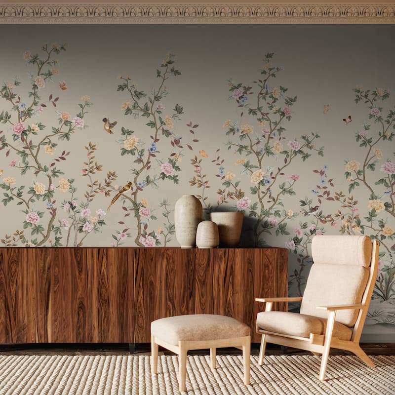 Whispering Blooms Hand-Painted Floral Landscape Wallpaper Mural