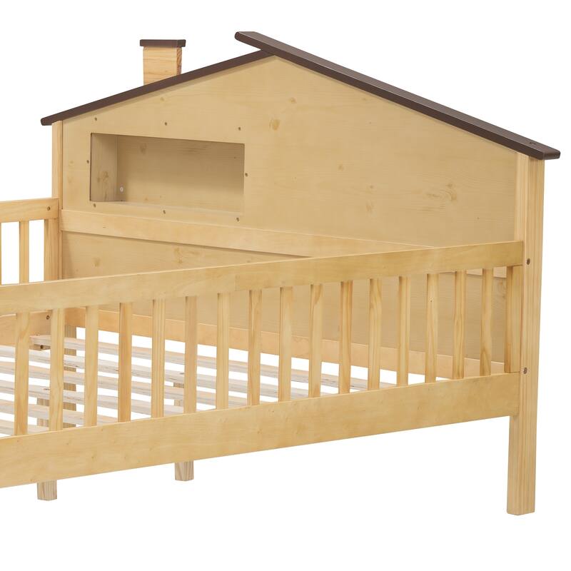Full Size Wood Platform Bed with House-shaped Headboard, LED and Built-in Storage