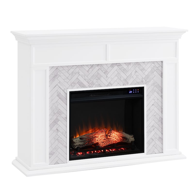 SEI Furniture Torton Contemporary Electric Fireplace with Chevron Marble Tiled Mantel