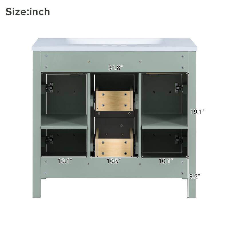 36" Bathroom Vanity Cabinet with Center Rectangular Resin Sink, 4 Drawers Bathroom Storage Cabinet w/ Adjustable Shelves, Green