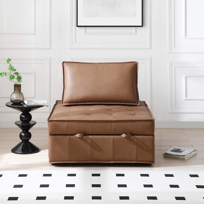 Faux Leather Ottoman Pull Out Sofa Bed with Adjustable Backrest