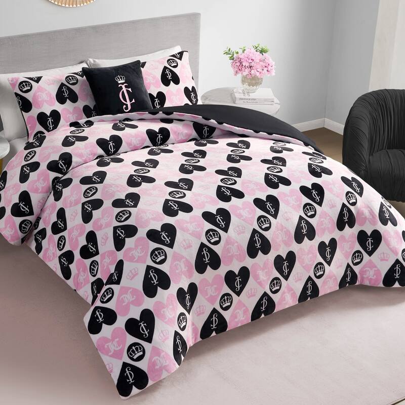 Juicy Couture Plush Queen Heart Logo Reversible Comforter Sets