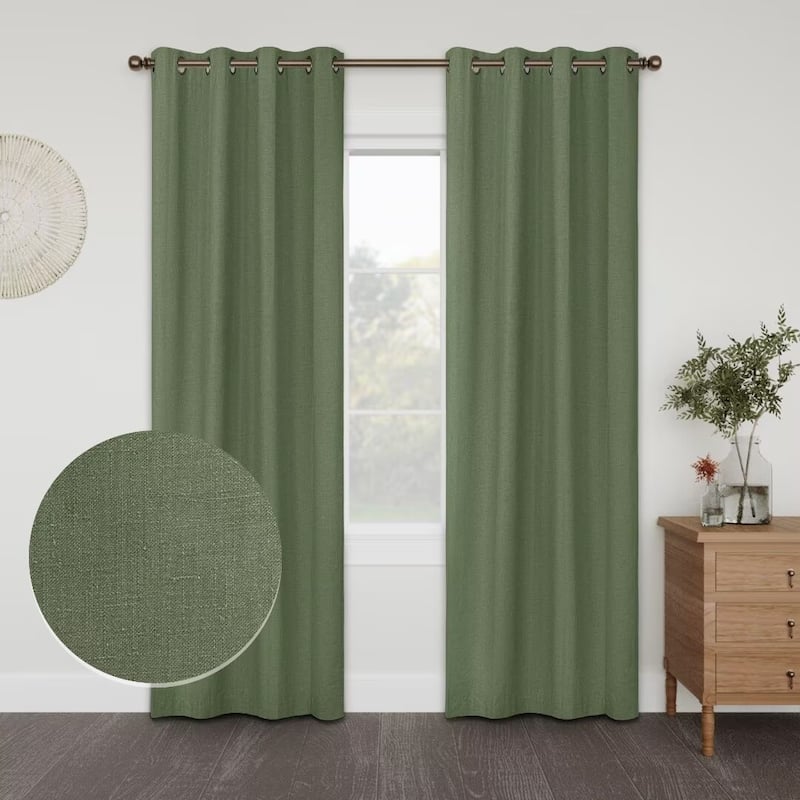 Linen Slub Blackout Grommet Curtain Pair(2 Panels) - 52"Wx108"L - Olive Green