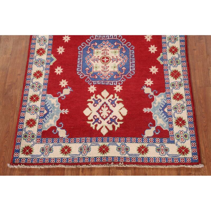 Red Kazak Rug Handmade Geometric Wool Carpet - 3'5"x 5'1"