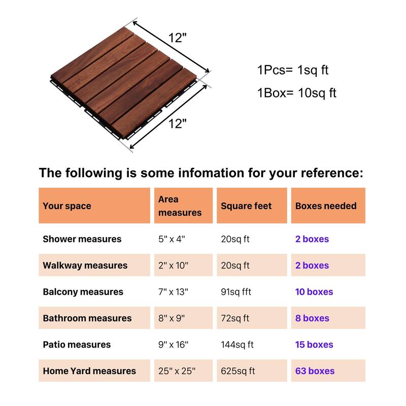 10 PCS Interlocking Deck Tiles Striped Pattern, 12" x 12" Square Acacia Hardwood Outdoor Flooring for Patio, Bancony