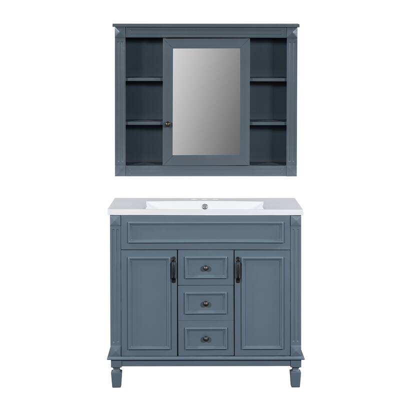 36'' Bathroom Vanity with Top Sink, Freestanding Vanity Set with Mirror Cabinet