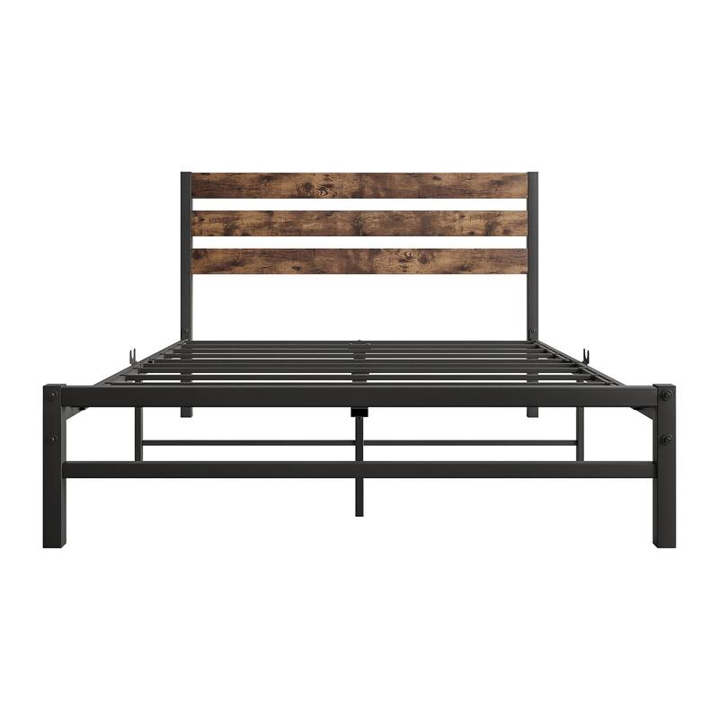 Metal Low Profile Platform Bed with Rustic Vintage Wood Headboard