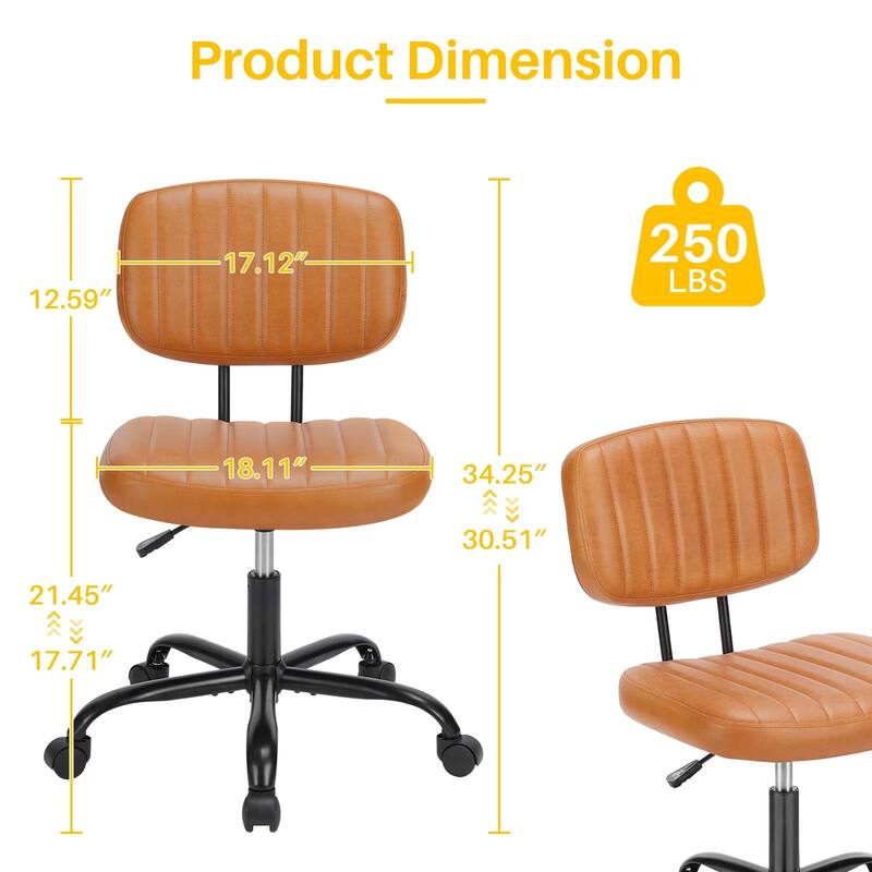 Small Armless Office Desk Chair with Wheels and Low Back Lumbar Support, Comfy Cute PU Leather Vanity Rolling Swivel Task Chair