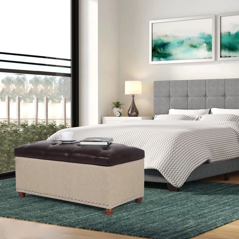 Adeco Rectangular Storage Ottoman Tufted Faux-Leather Bench Lifted Top