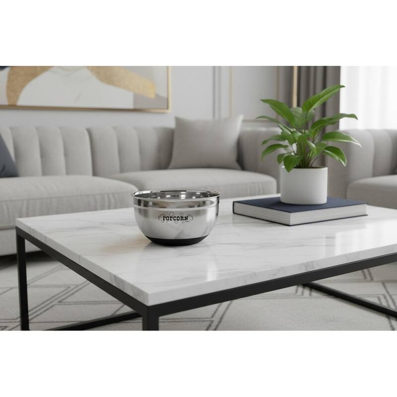 HomeRoots Sleek Stainless Steel Popcorn Serving Bowl - 10.00 in. x 5.50 in. x 5.00 in. - Silver/Black - 10.00 in. x 5.50 in. x 5.00 in.