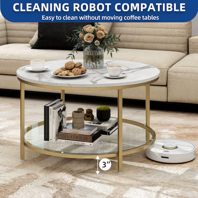 Moasis 31.5" Round Coffee Table, Marbling Goldtone 2-Tier Center Table with Storage Open Shelves