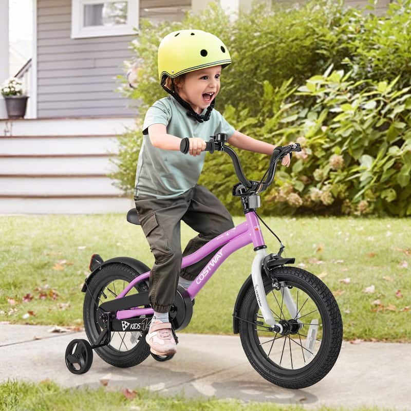 Purple Adjustable Toddler Bicycle Steel Frame and Dual Brakes Enclosed Chain Guard Training Wheels - 14-Inch