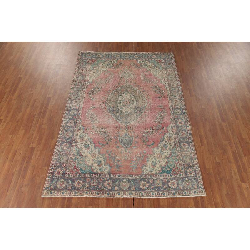 Distressed Tabriz Vintage Persian Area Rug Handmade Wool Carpet - 6'8" x 9'10"