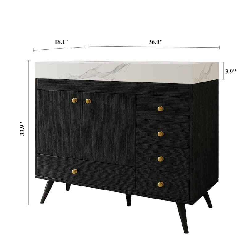 36" Bathroom Vanity with Faux Marble Top & Ceramic Sink, 5-Drawer Storage Cabinet with Stainless Steel Legs