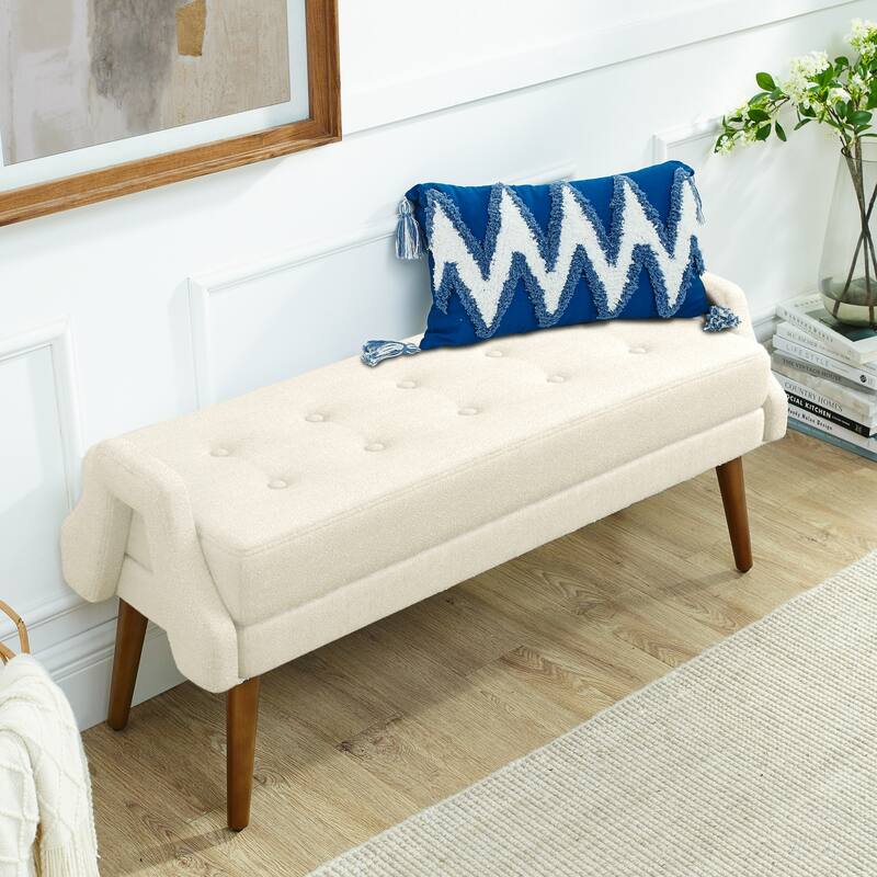 Modern living room bench, made of looped yarn fabric, with soft cushion, irregular geometric armrests