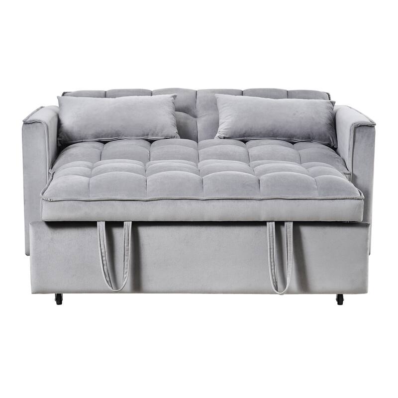 Anmytek Convertible Sleeper Sofa Bed Pull Out Couch Velvet Loveseat Futon with Pillows and Pockets for Living Room Grey