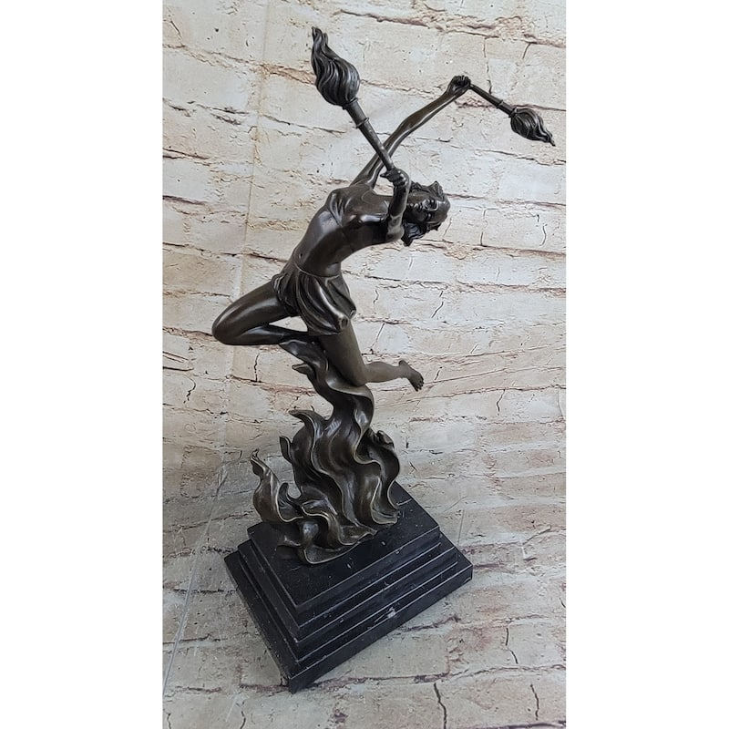 Fire Dancer Girl Dancing With Torches Bronze Metal Sculpture Statue Figure Marble Base