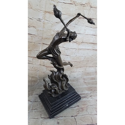 Fire Dancer Girl Dancing With Torches Bronze Metal Sculpture Statue Figure Marble Base