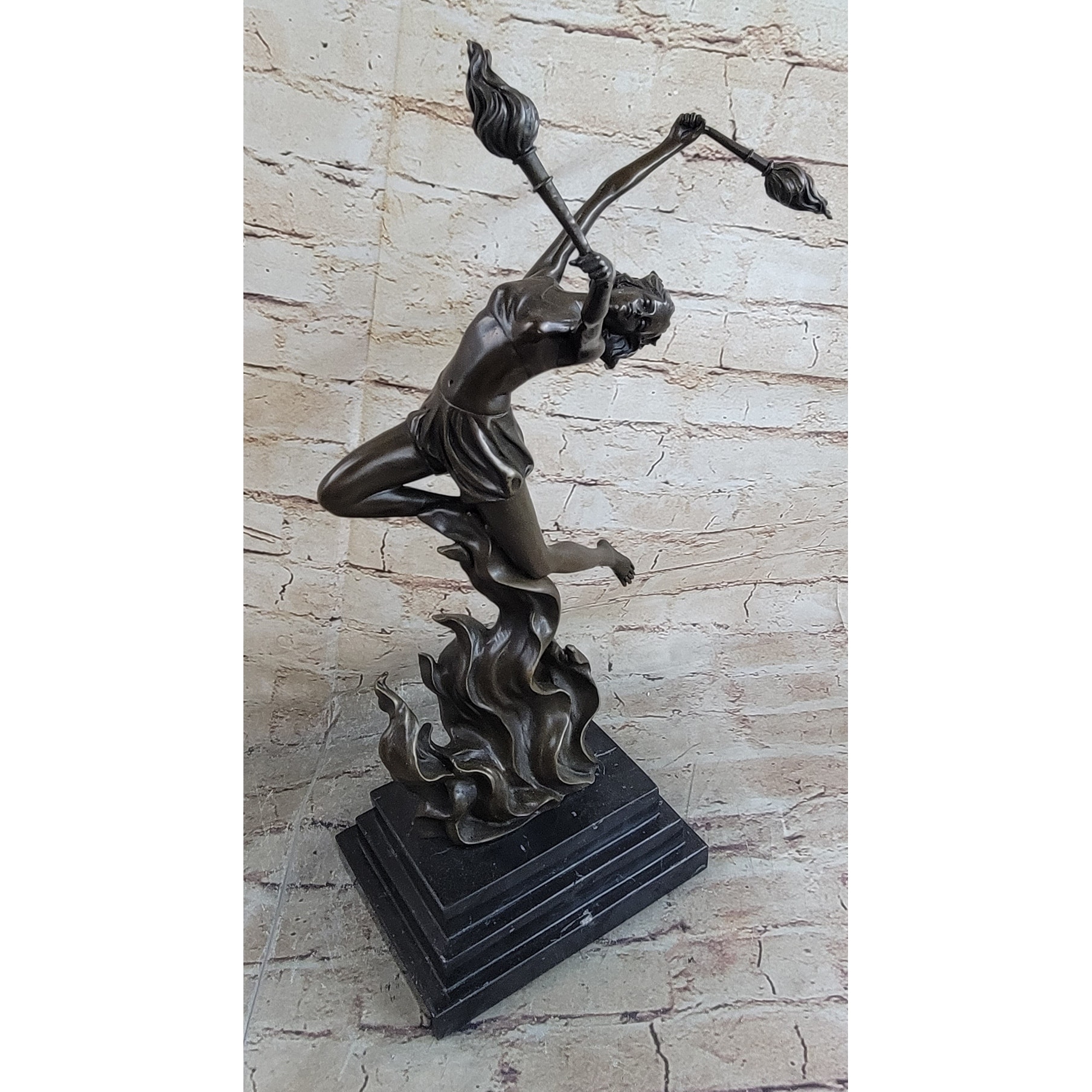 Fire Dancer Girl Dancing With Torches Bronze Metal Sculpture Statue Figure Marble Base