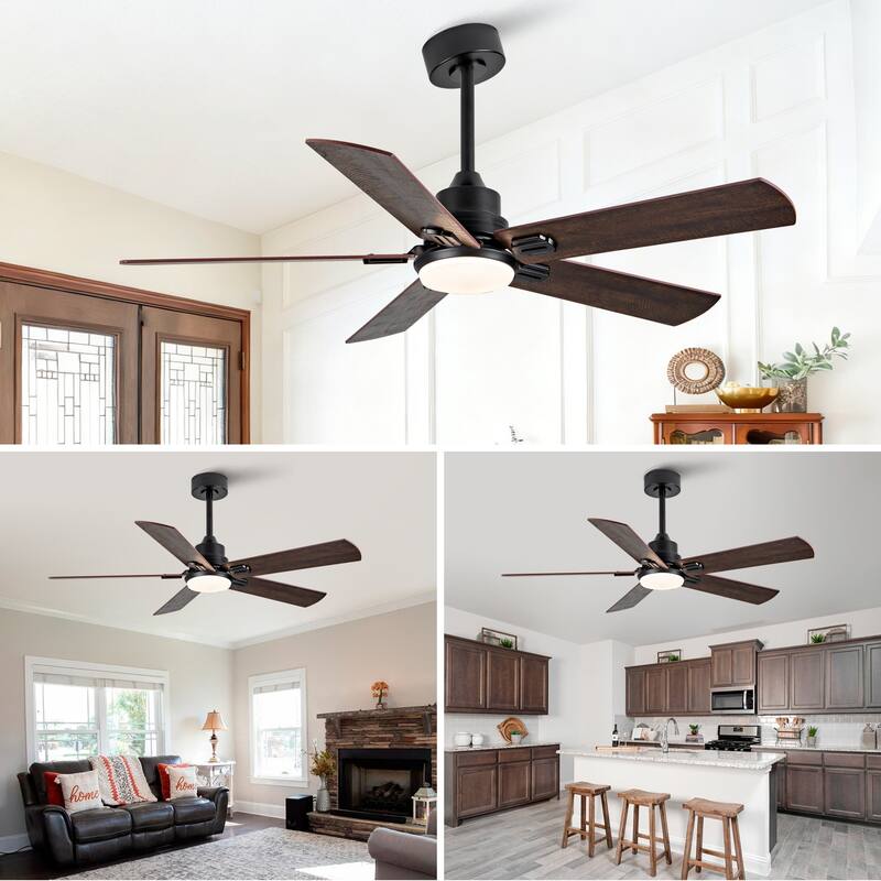 Smart 52" Indoor/Outdoor Ceiling Fan with Light, Dual Finish Black/Walnut 6-Blade, Remote & APP Control, Dimmable LED
