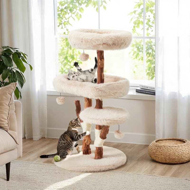 46"H Wood Cat Tree Tower with Scratching Posts, Modern Cat Furniture for Indoor Cats