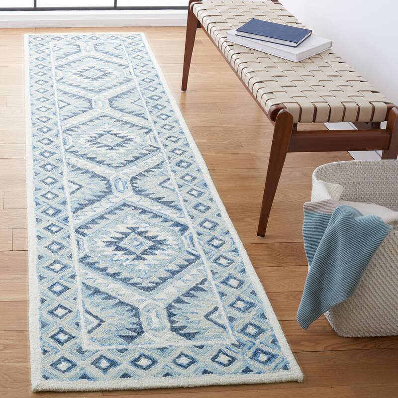 SAFAVIEH Handmade Metro Bryann French Country Wool Rug - 2'3" x 9' Runner - Blue/Ivory