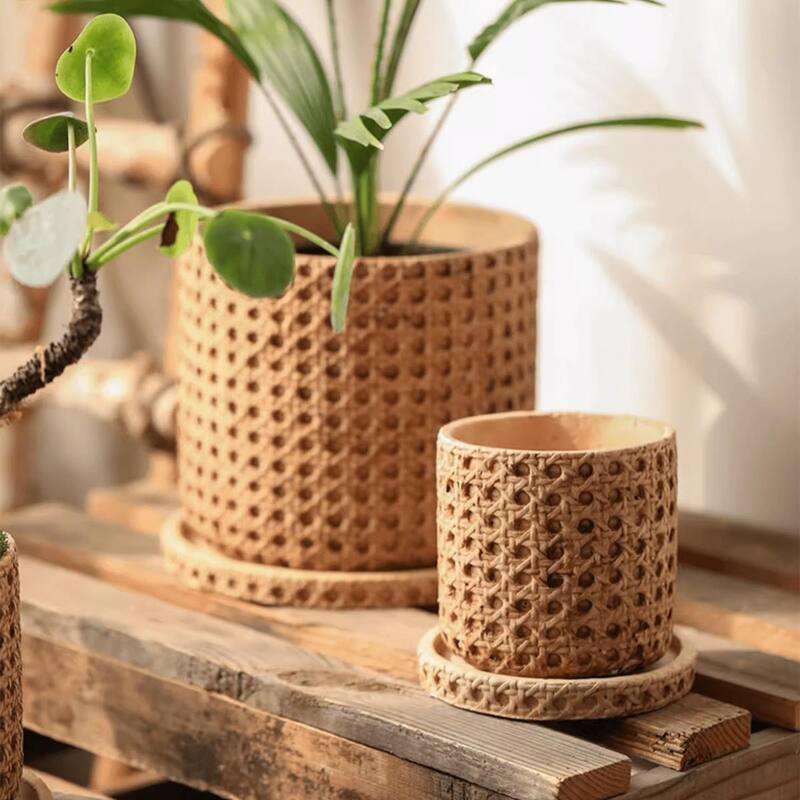 RusticReach Faux Woven Grid Cement Pot - Beige