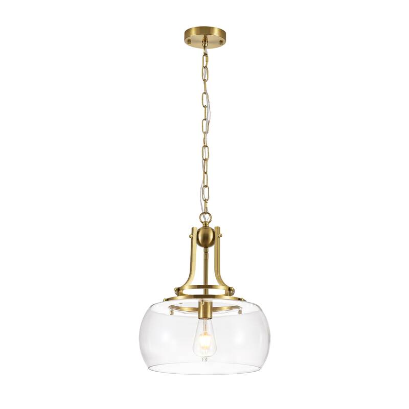 13.8" W Mid-Century Modern Rustic Gold Dome Design Ceiling Pendant with Clear Glass Shade for Dining Room, Kitchen Island, Foyer
