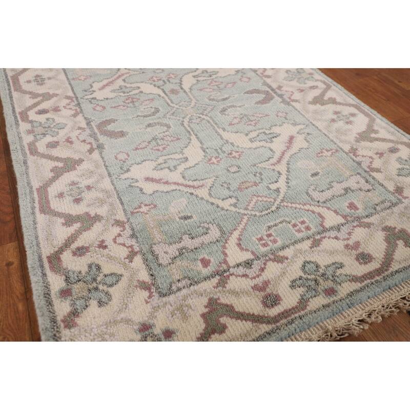 Turquoise Green Oushak Indian Runner Rug Hand-Knotted Wool Carpet - 2'8"x 8'5"