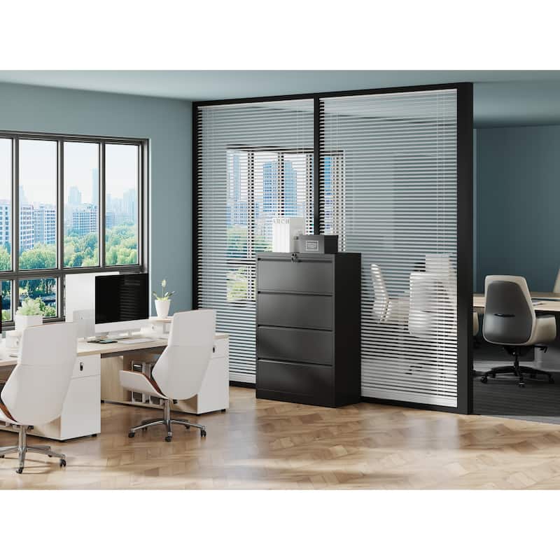 Modern Filing Cabinet Lateral Filing Cabinet with 4 Drawers, Quiet Slides and Locks, for Home Office, Black