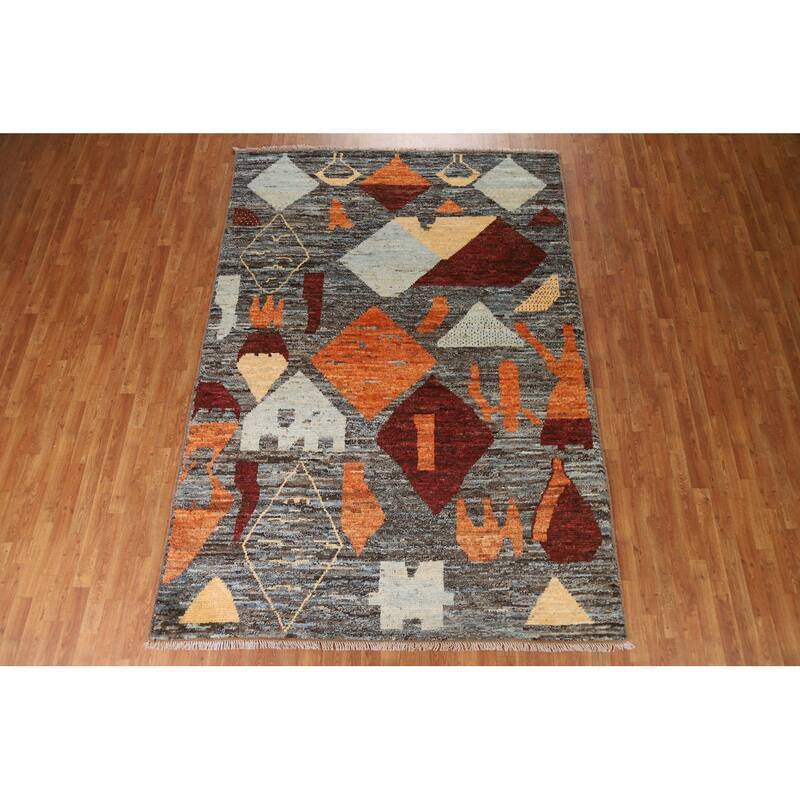 Hand Knotted Oriental 100% Wool Carpet Modern Tribal Greys & Charcoal Moroccan Area Rug - 10' 0'' X 6' 11''