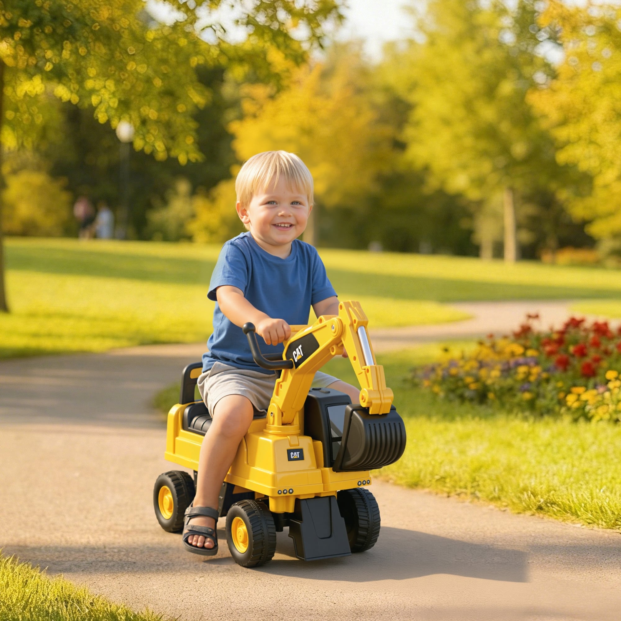 Aosom CAT Licensed Kids Excavator Ride-On Toy, Manual Pedal, Shovel, Horn, Storage, Yellow
