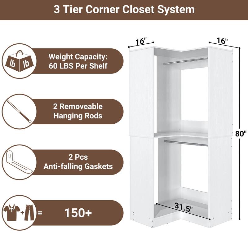 Vryon Corner Closet Organizer, Space-saving Closet System with Hanging Rods for Walk-in Closet