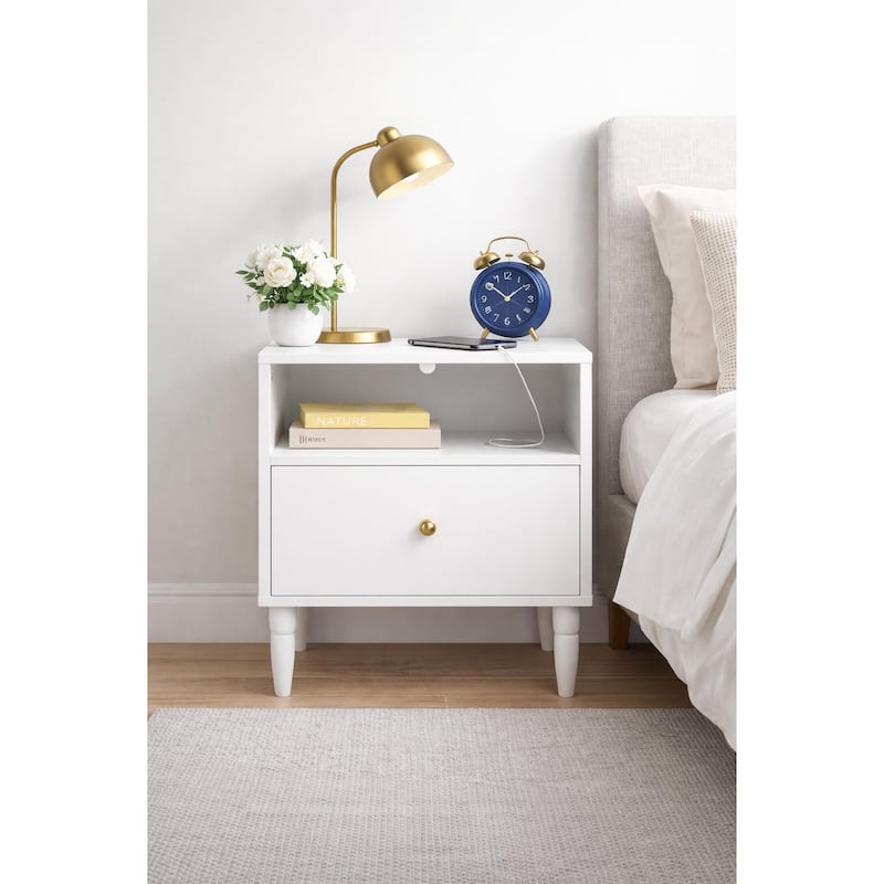 Anmytek White Nightstand with Drawer, Open Shelf, Gold Knob, Solid Wood Legs, Modern Bedside Table