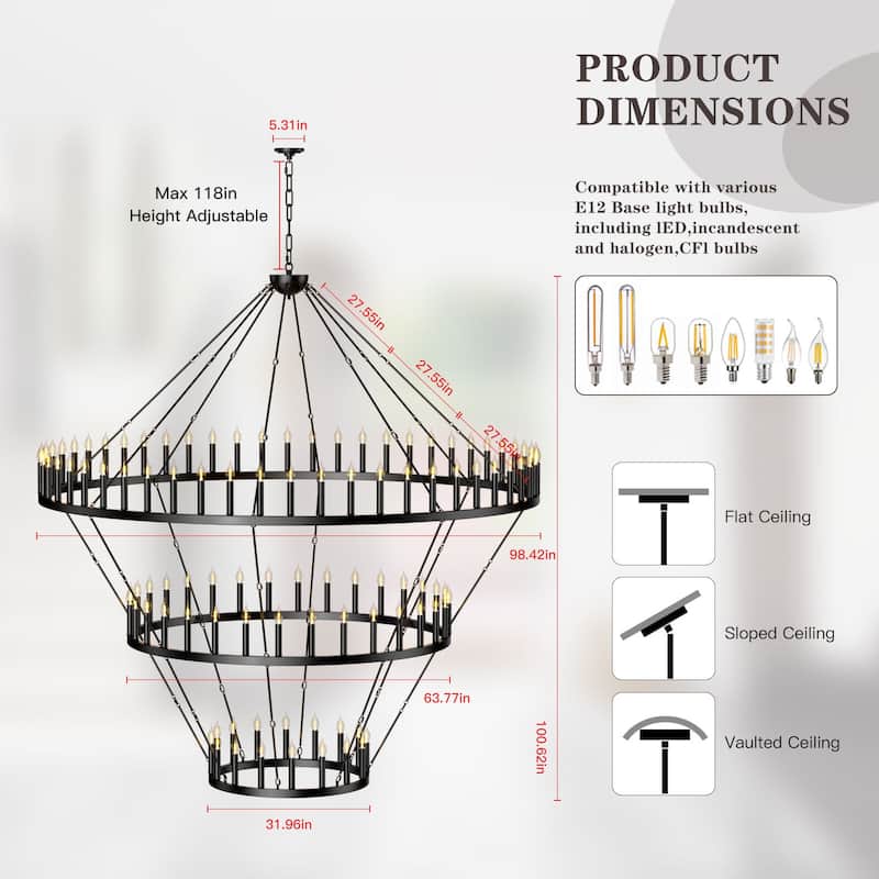 Extra Large Black Wagon Wheel Chandelier - Adjustable Farmhouse Lighting for High Ceilings