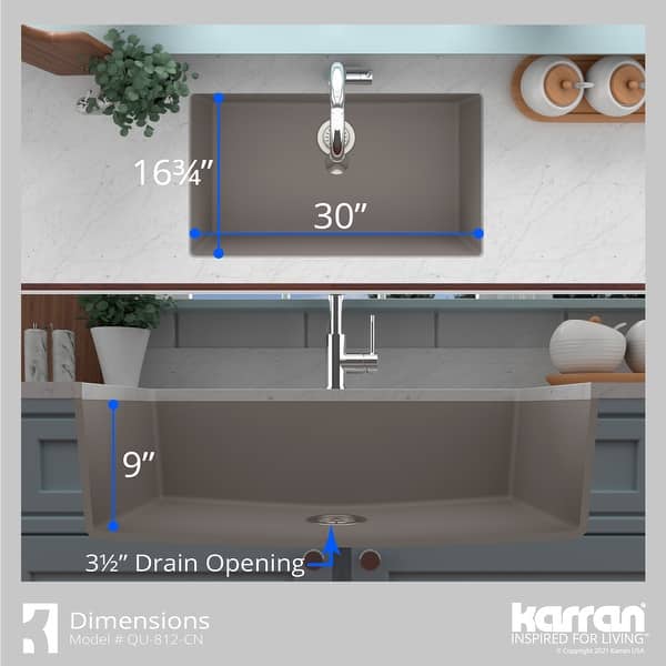 dimension image slide 0 of 2, Karran Undermount 32.5 in. Large Single Bowl Quartz Kitchen Sink