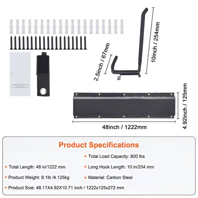 Black Carbon Steel Garage Tool Storage Rack, Wall Mount with Adjustable Hooks - 48.11” L x 4.92” W x 10.71” H