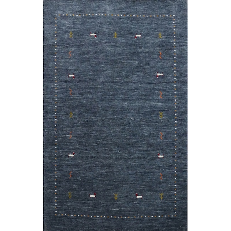 Hand Knotted Oriental 100% Wool Carpet Tribal Animal Pictorial Navy Blue & Blues Gabbeh Area Rug - 4' 11'' X 3' 2''