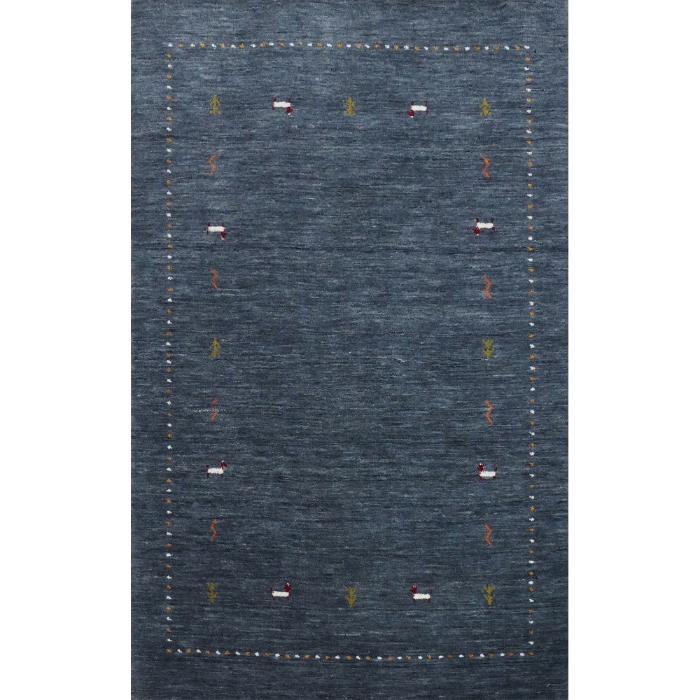 Hand Knotted Oriental 100% Wool Carpet Tribal Animal Pictorial Navy Blue & Blues Gabbeh Area Rug - 4' 11'' X 3' 2''